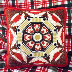Vintage Needlepoint Pillow Red Geometric Christmas Holiday 12 x 12
